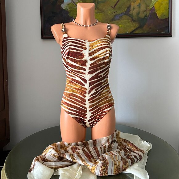 NWOT Maryan Mehlhorn Animal Print One-Piece Swimsuit + Silk Scarf Coverup, sz 12 - Picture 1 of 5